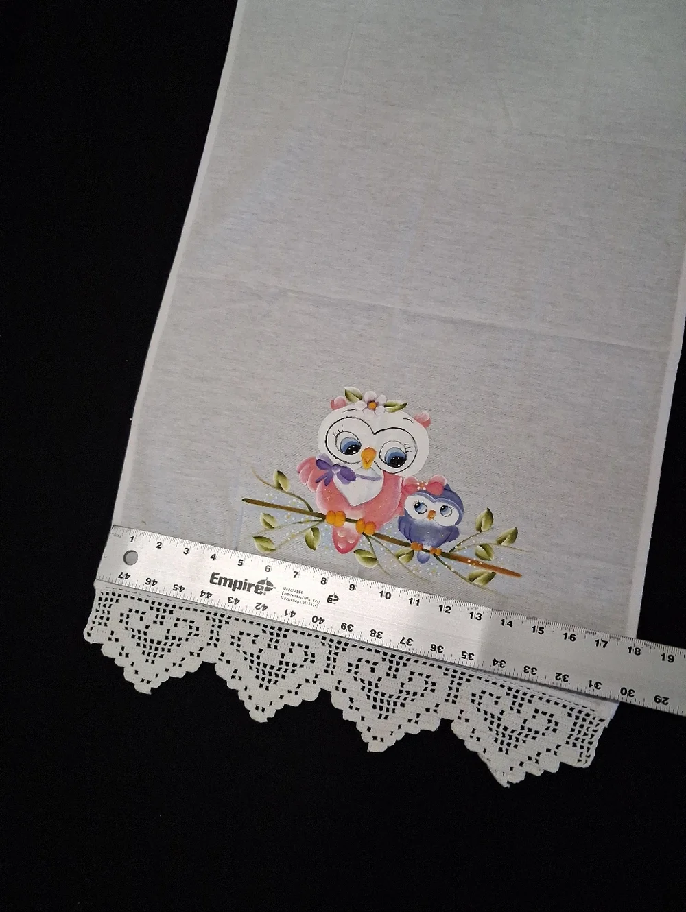 Painted Owl Tea Towel with Crochet Edge - White - Picture 3 of 4